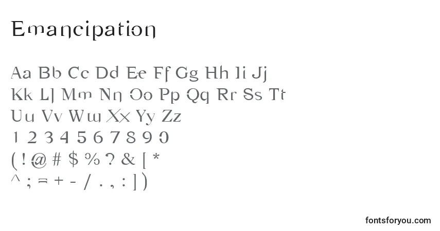 Czcionka Emancipation – alfabet, cyfry, specjalne znaki