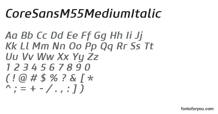 characters of coresansm55mediumitalic font, letter of coresansm55mediumitalic font, alphabet of  coresansm55mediumitalic font