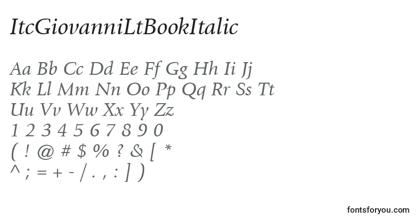 Czcionka ItcGiovanniLtBookItalic – alfabet, cyfry, specjalne znaki