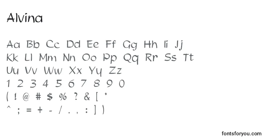 Czcionka Alvina – alfabet, cyfry, specjalne znaki