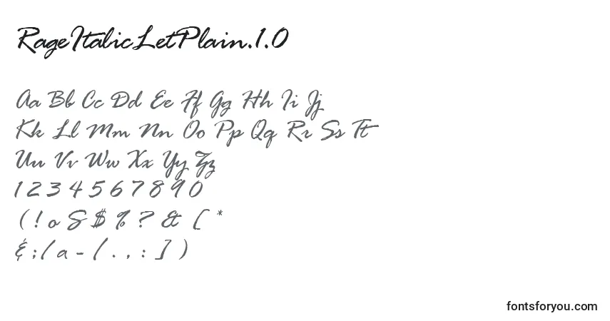 Czcionka RageItalicLetPlain.1.0 – alfabet, cyfry, specjalne znaki