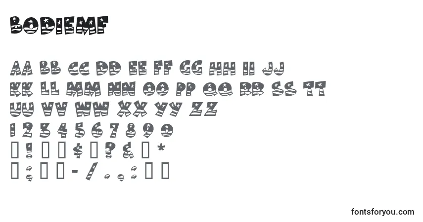 A fonte BodieMf – alfabeto, números, caracteres especiais