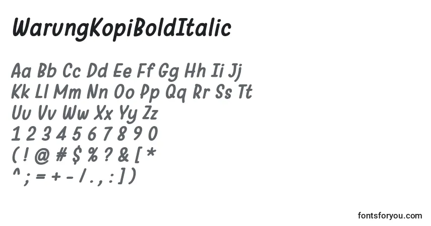 Czcionka WarungKopiBoldItalic – alfabet, cyfry, specjalne znaki