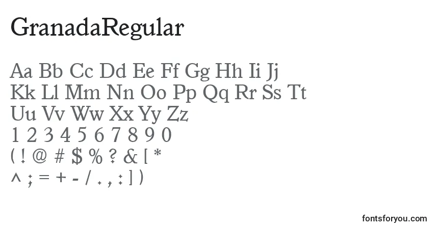 Czcionka GranadaRegular – alfabet, cyfry, specjalne znaki