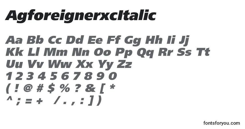A fonte AgforeignerxcItalic – alfabeto, números, caracteres especiais