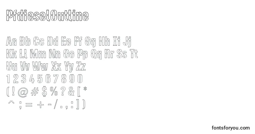 Czcionka PfdieselOutline – alfabet, cyfry, specjalne znaki
