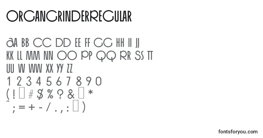 Шрифт OrgangrinderRegular – алфавит, цифры, специальные символы