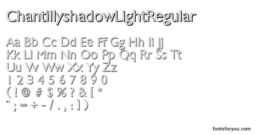 Czcionka ChantillyshadowLightRegular – alfabet, cyfry, specjalne znaki