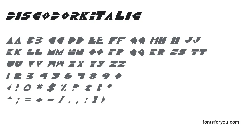Шрифт DiscoDorkItalic – алфавит, цифры, специальные символы