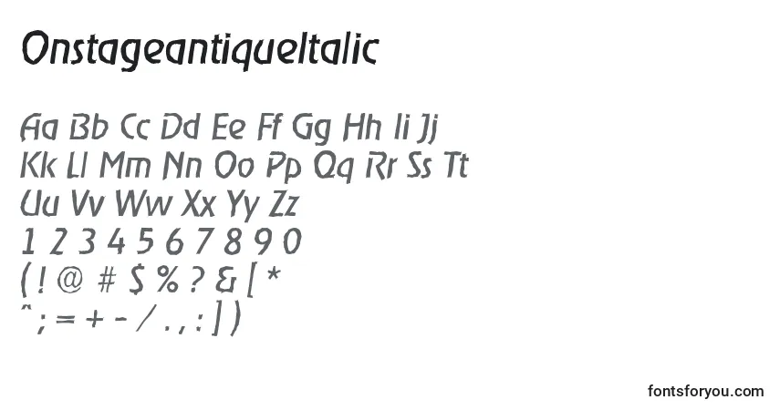 Schriftart OnstageantiqueItalic – Alphabet, Zahlen, spezielle Symbole