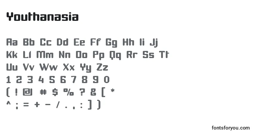 Schriftart Youthanasia – Alphabet, Zahlen, spezielle Symbole