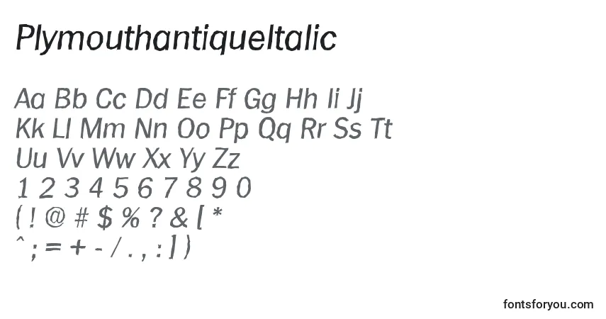 Шрифт PlymouthantiqueItalic – алфавит, цифры, специальные символы