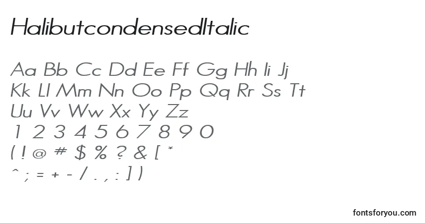 HalibutcondensedItalic-fontti – aakkoset, numerot, erikoismerkit
