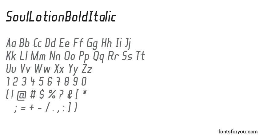 Шрифт SoulLotionBoldItalic – алфавит, цифры, специальные символы