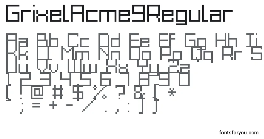 Czcionka GrixelAcme9Regular – alfabet, cyfry, specjalne znaki