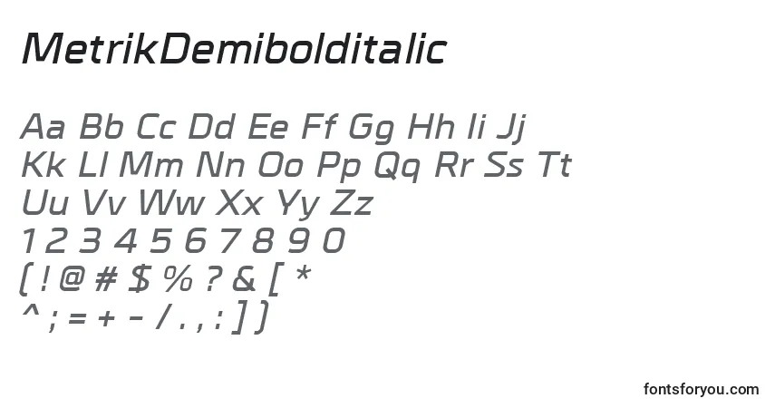 A fonte MetrikDemibolditalic – alfabeto, números, caracteres especiais
