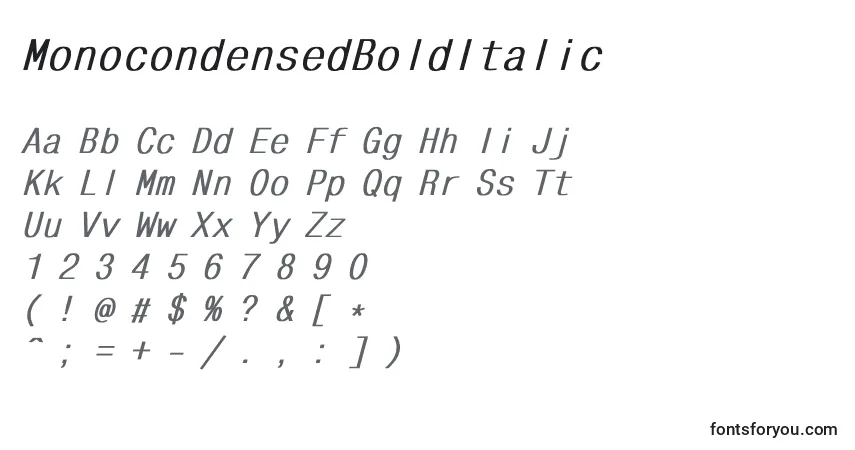 Czcionka MonocondensedBoldItalic – alfabet, cyfry, specjalne znaki