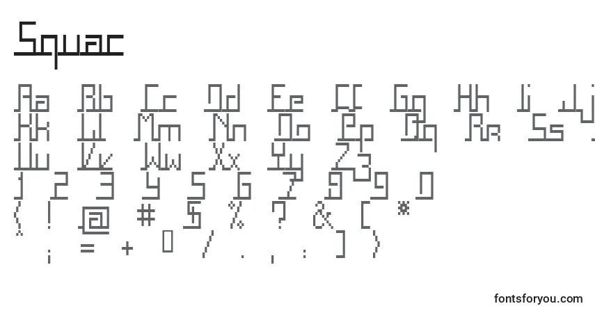 Czcionka Squac – alfabet, cyfry, specjalne znaki