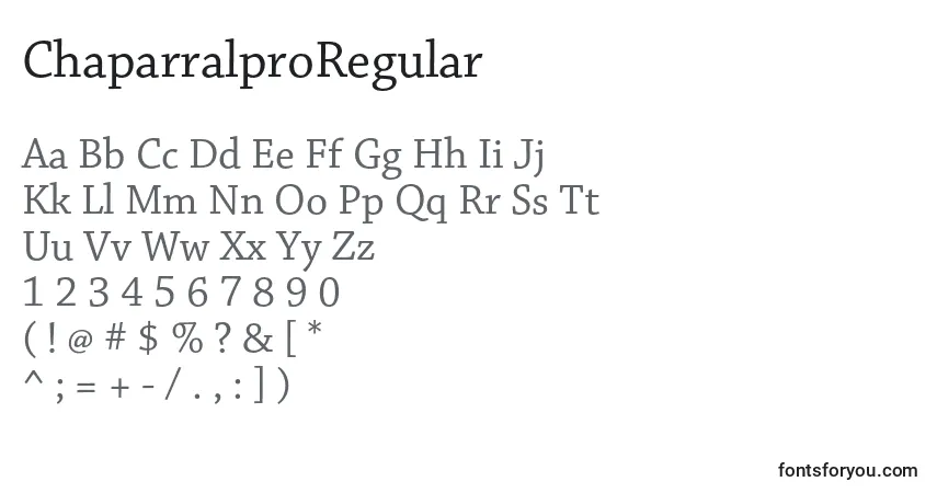 Czcionka ChaparralproRegular – alfabet, cyfry, specjalne znaki