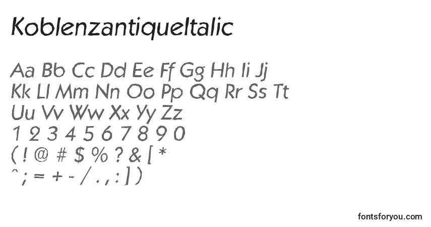 A fonte KoblenzantiqueItalic – alfabeto, números, caracteres especiais