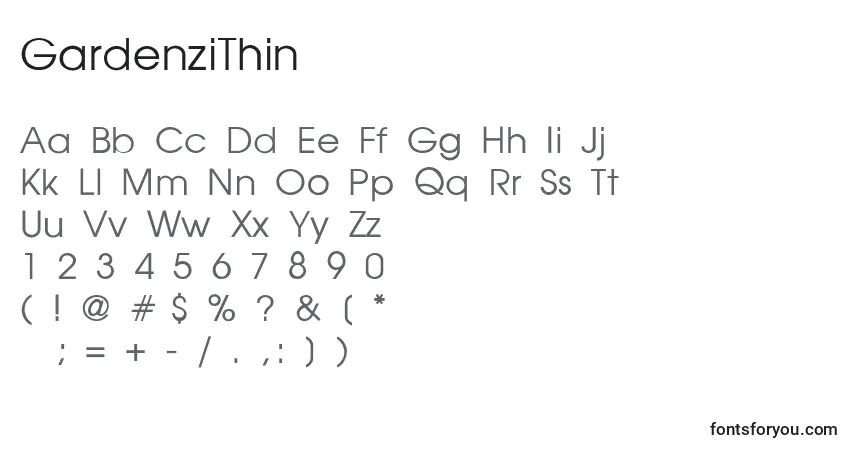 A fonte GardenziThin – alfabeto, números, caracteres especiais