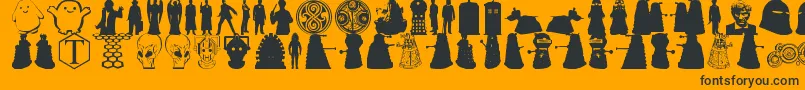 Whovian-Schriftart – Schwarze Schriften auf orangefarbenem Hintergrund