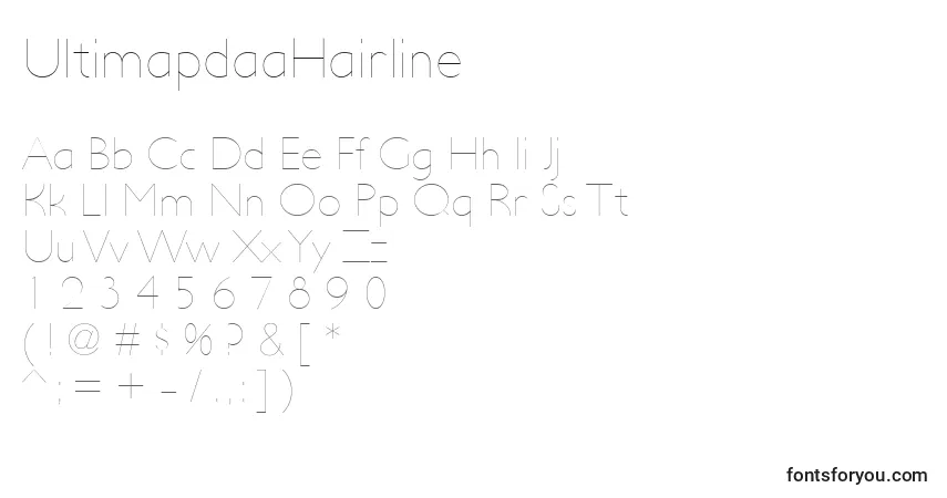 A fonte UltimapdaaHairline – alfabeto, números, caracteres especiais