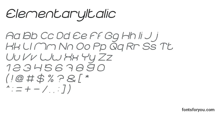 A fonte ElementaryItalic – alfabeto, números, caracteres especiais