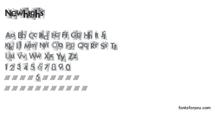 A fonte Newhighs – alfabeto, números, caracteres especiais