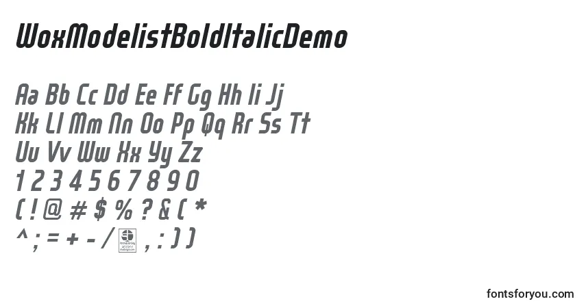 A fonte WoxModelistBoldItalicDemo – alfabeto, números, caracteres especiais