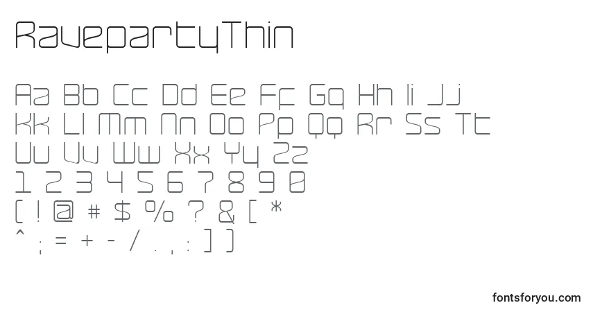 A fonte RavepartyThin – alfabeto, números, caracteres especiais