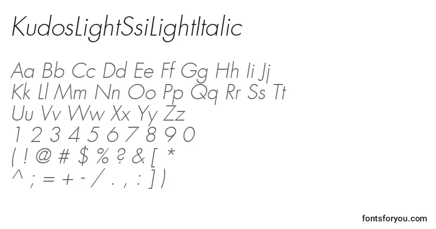 A fonte KudosLightSsiLightItalic – alfabeto, números, caracteres especiais