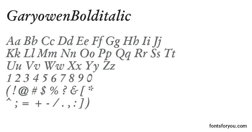 A fonte GaryowenBolditalic – alfabeto, números, caracteres especiais