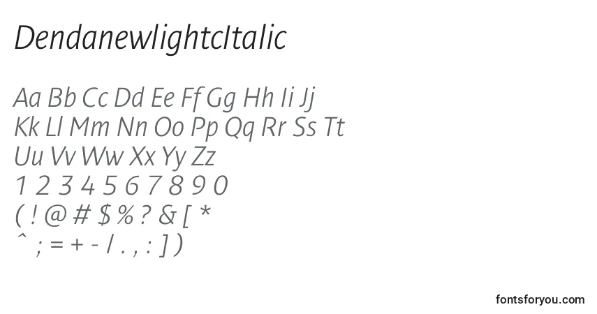 A fonte DendanewlightcItalic – alfabeto, números, caracteres especiais
