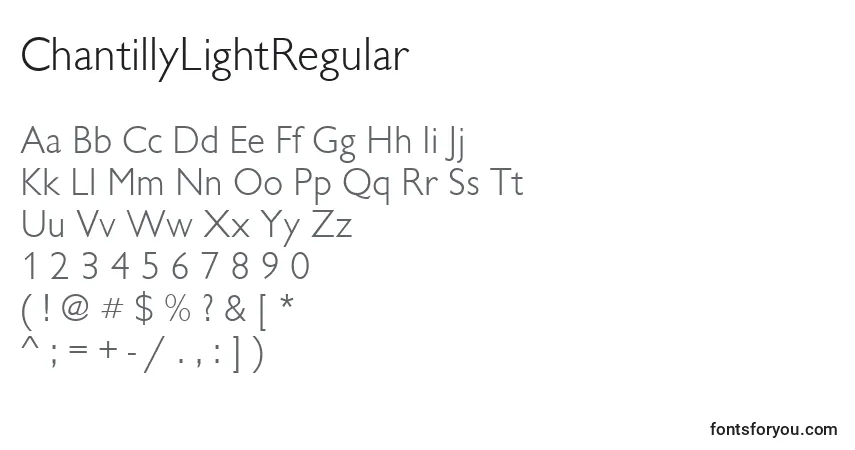 A fonte ChantillyLightRegular – alfabeto, números, caracteres especiais