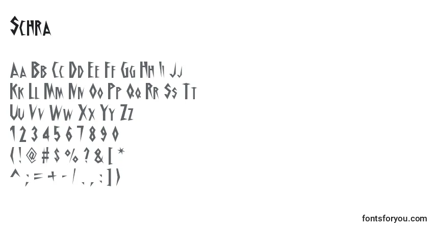 Schriftart Schra – Alphabet, Zahlen, spezielle Symbole