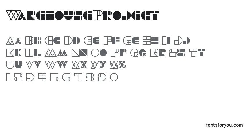 Czcionka WarehouseProject – alfabet, cyfry, specjalne znaki