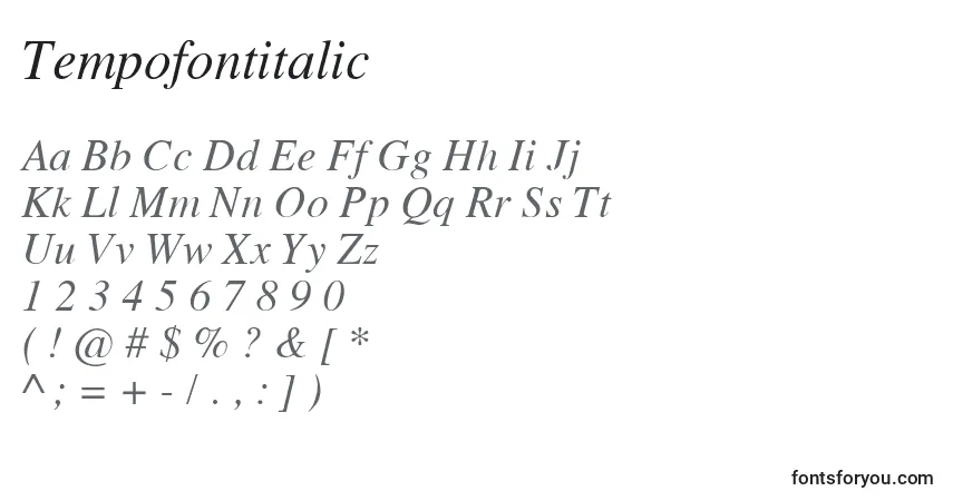 A fonte Tempofontitalic – alfabeto, números, caracteres especiais