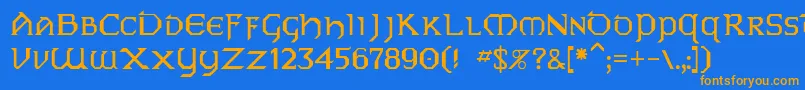 フォントEire – オレンジ色の文字が青い背景にあります。