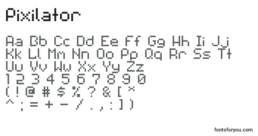 A fonte Pixilator – alfabeto, números, caracteres especiais