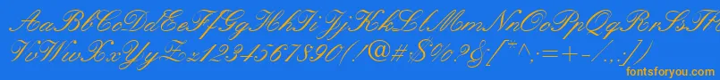 QuillScriptSsi-Schriftart – Orangefarbene Schriften auf blauem Hintergrund