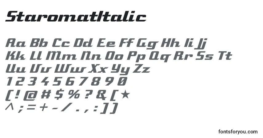 Czcionka StaromatItalic – alfabet, cyfry, specjalne znaki