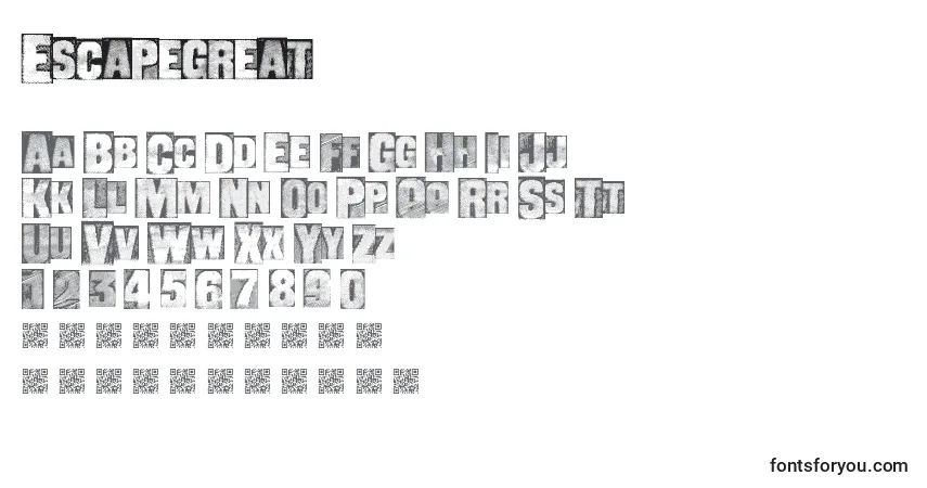 Czcionka Escapegreat – alfabet, cyfry, specjalne znaki