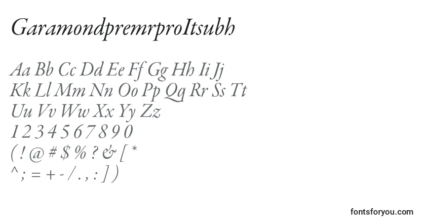 Czcionka GaramondpremrproItsubh – alfabet, cyfry, specjalne znaki