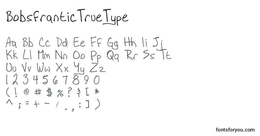 Czcionka BobsfranticTrueType – alfabet, cyfry, specjalne znaki