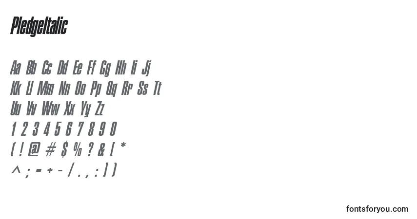 A fonte PledgeItalic – alfabeto, números, caracteres especiais