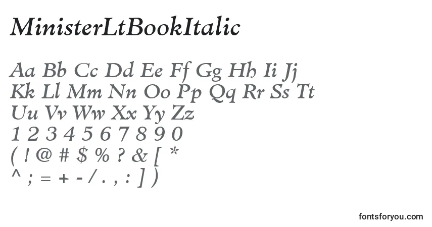 Шрифт MinisterLtBookItalic – алфавит, цифры, специальные символы