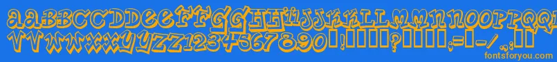 フォントPlanetBenson – オレンジ色の文字が青い背景にあります。
