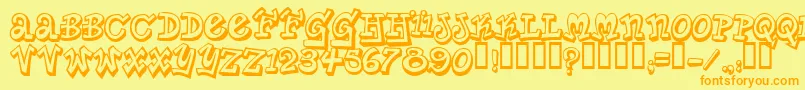 フォントPlanetBenson – オレンジの文字が黄色の背景にあります。