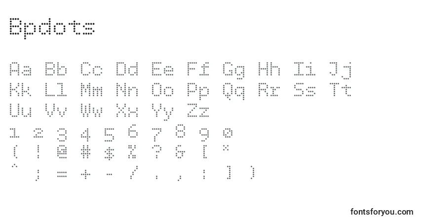 Czcionka Bpdots – alfabet, cyfry, specjalne znaki
